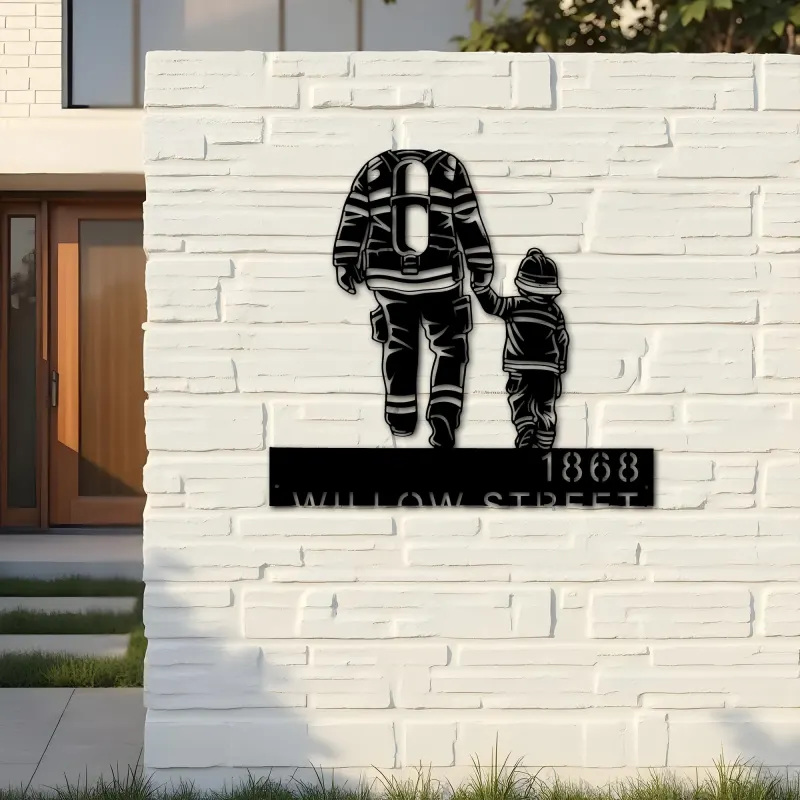 Custom Metal Firefighter father and son Fireman Metal Address Sign, House number, Outdoor Number Signage, Yard Sign Address Plate