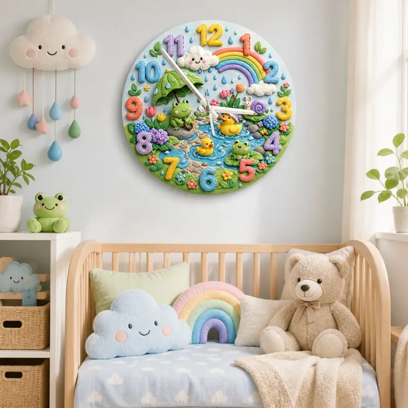 Frühling Frosch & Ente Teich Kinderzimmer Wanduhr | Regenbogen Babyzimmer Wanddekor, Geschenkideen für Jungen und Mädchen (34,5 cm)