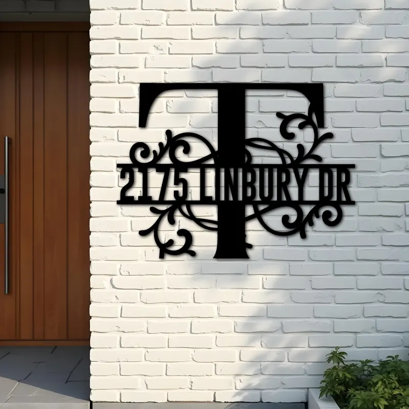 Custom Metal Floral Monogram Split Letter T Metal Address Sign House number Hanging Address Plaque Yard Sign Outdoor decor