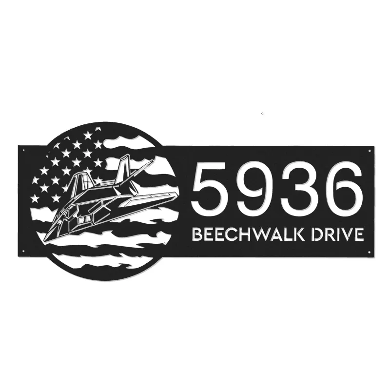 Custom Metal Stealth Fighter Jet airplane US flag Metal Address Sign House number Hanging Address Plaque Yard Sign Outdoor