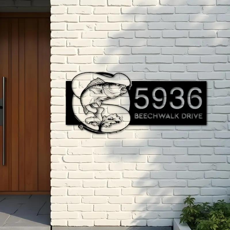 Custom Metal Walleye fishing rod bait hook Metal Address Sign, House number, Outdoor Number Signage, Yard Sign Address Plate