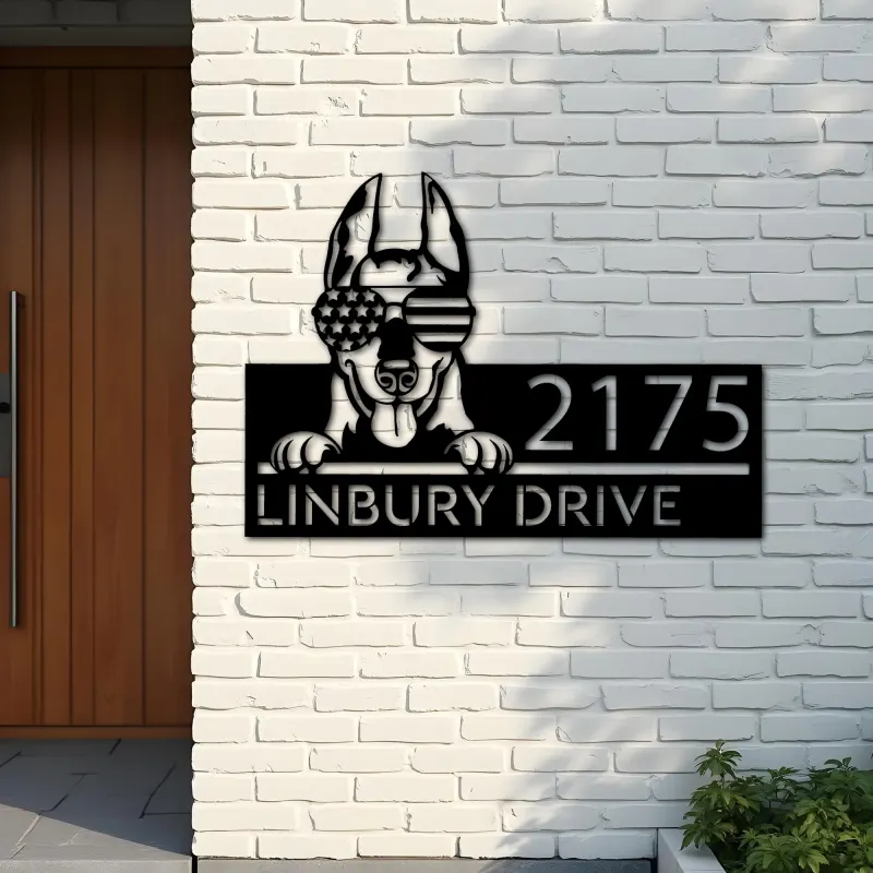 Custom Metal Doberman dog US flag glasses Metal Address Sign House number Hanging Address Plaque Yard Sign Outdoor decor