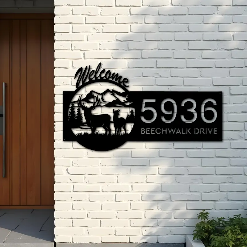 Custom Metal Deer mountain scene Wildlife Welcome Metal Address Sign, House number, Outdoor Number Signage, Yard Sign Address Plate