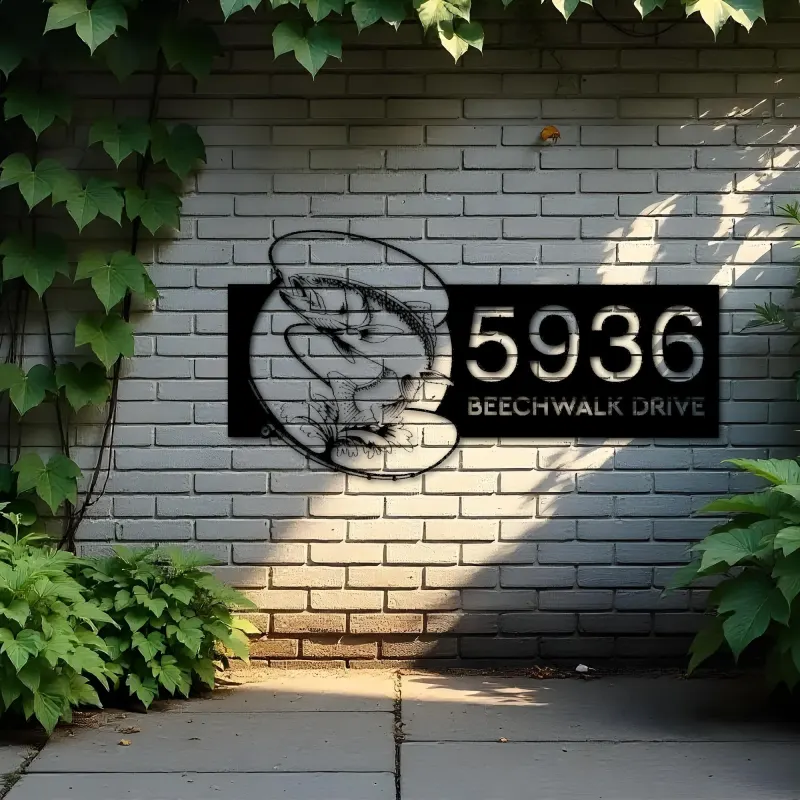 Custom Metal Trout fishing rod bait hook Metal Address Sign, House number, Outdoor Number Signage, Yard Sign Address Plate