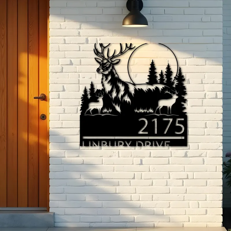Custom Metal Elk deer wildlife scene Metal Address Sign, House number, Outdoor Number Signage, Yard Sign Address Plate