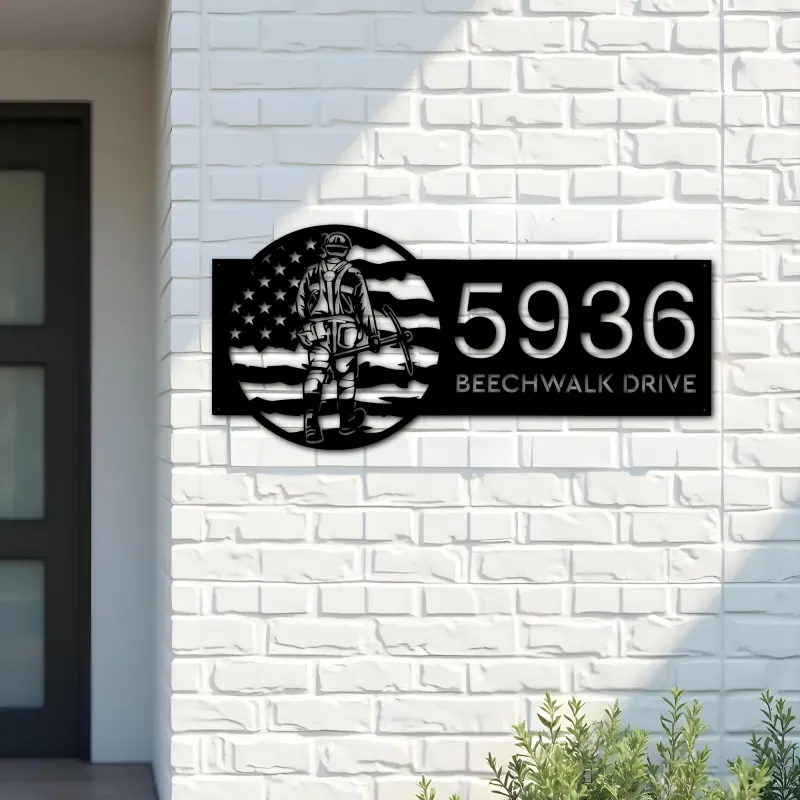 Custom Metal Coal miner on US flag Metal Address Sign, House number, Outdoor Number Signage, Yard Sign Address Plate