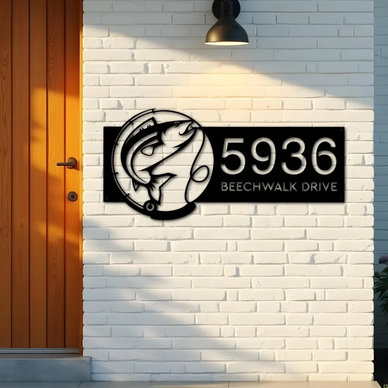 Custom Metal Fish Fishing rod Metal Address Sign Custom House number Hanging Address Plaque Yard Sign Outdoor