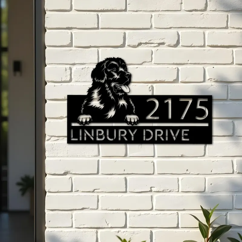 Custom Metal Newfoundland dog Puppy Metal Address Sign House number Hanging Address Plaque Yard Sign Outdoor decor