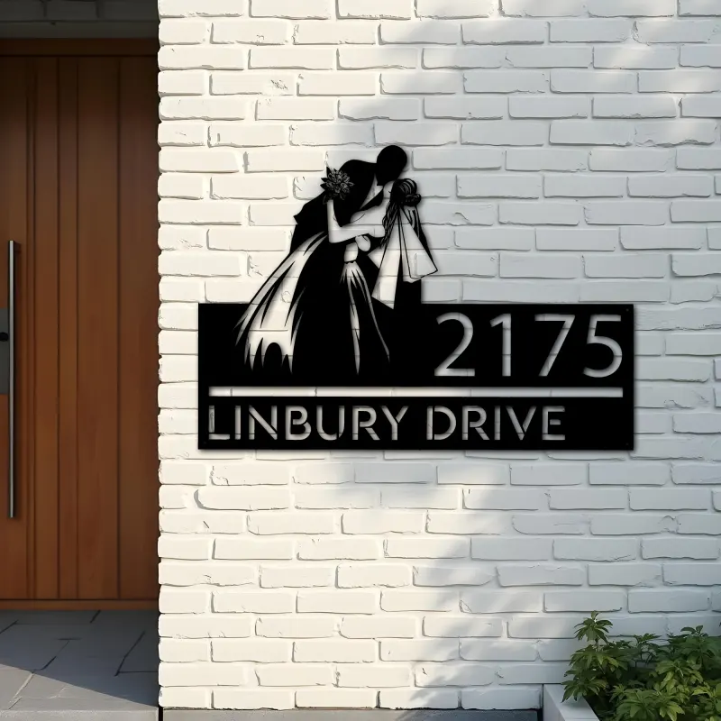 Custom Metal Kissing bride and groom Metal Address Sign, House number, Outdoor Number Signage, Yard Sign Address Plate