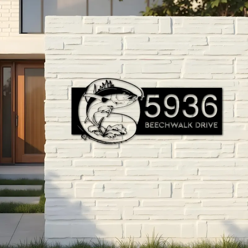 Custom Metal Tuna fishing rod bait hook Metal Address Sign, House number, Outdoor Number Signage, Yard Sign Address Plate