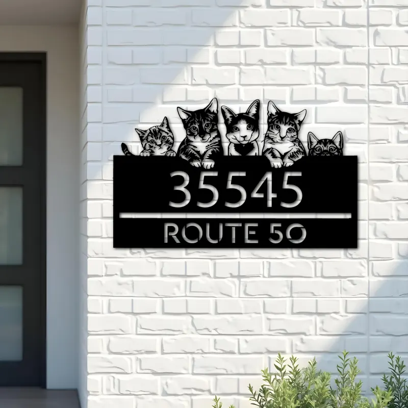 Custom Metal Cute peeking cats kittens Metal Address Sign, House number, Outdoor Number Signage, Yard Sign Address Plate