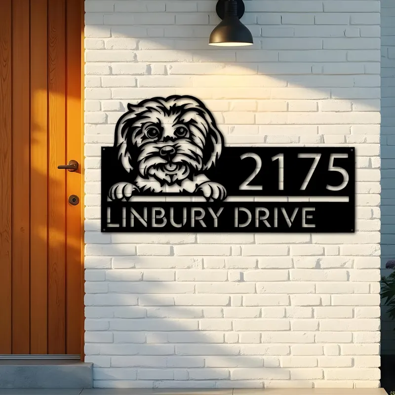 Custom Metal Maltese dog Cute puppy Metal Address Sign House number Hanging Address Plaque Yard Sign Outdoor decor