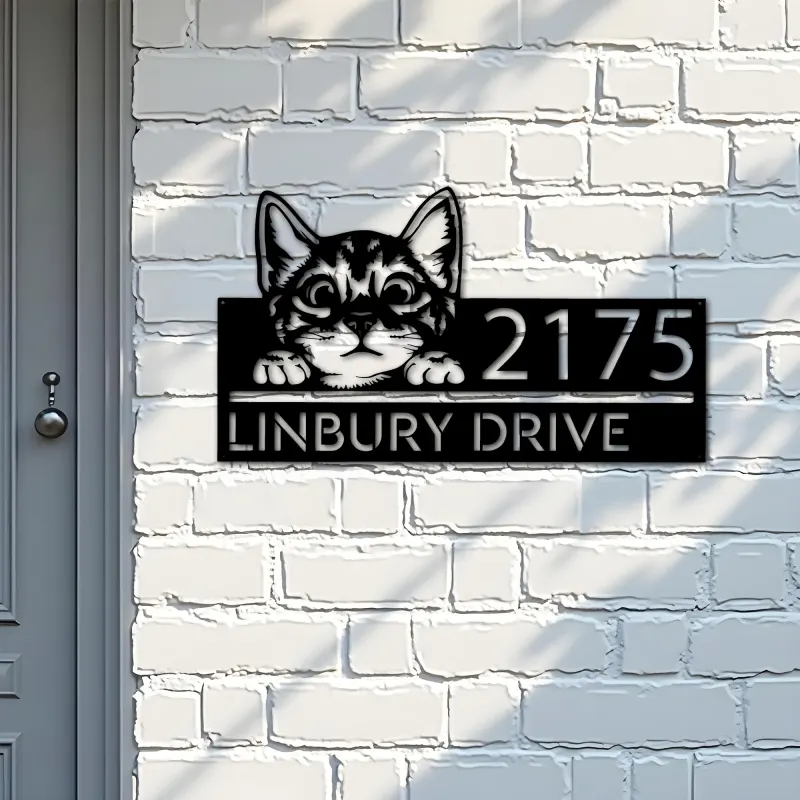 Custom Metal Cute peeking cat kitten pet Metal Address Sign, House number, Outdoor Number Signage, Yard Sign Address Plate
