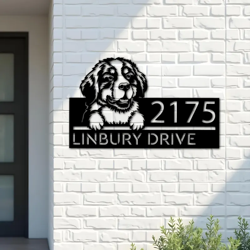 Custom Metal Bernese Mountain dog Puppy Metal Address Sign House number Hanging Address Plaque Yard Sign Outdoor decor