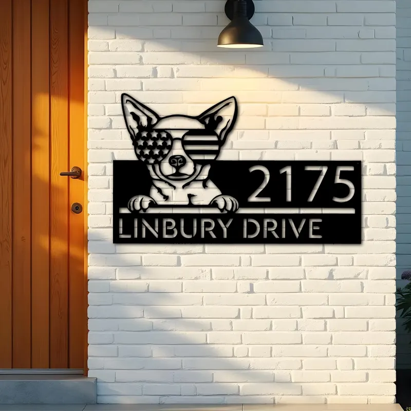Custom Metal Chihuahua dog US flag glasses Metal Address Sign House number Hanging Address Plaque Yard Sign Outdoor decor