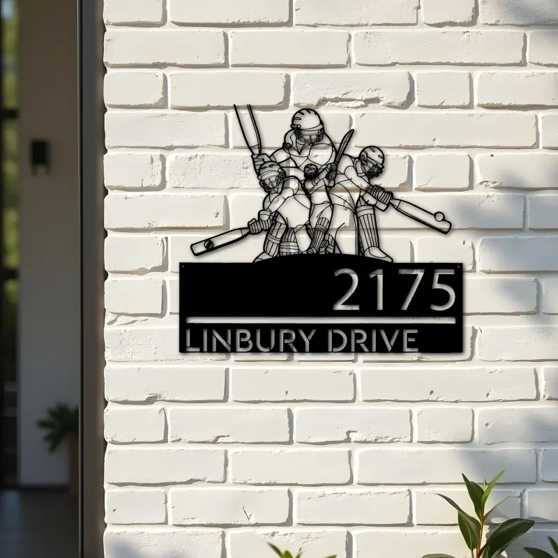 Custom Metal Cricket player sport Metal Address Sign, House number, Outdoor Number Signage, Yard Sign Address Plate