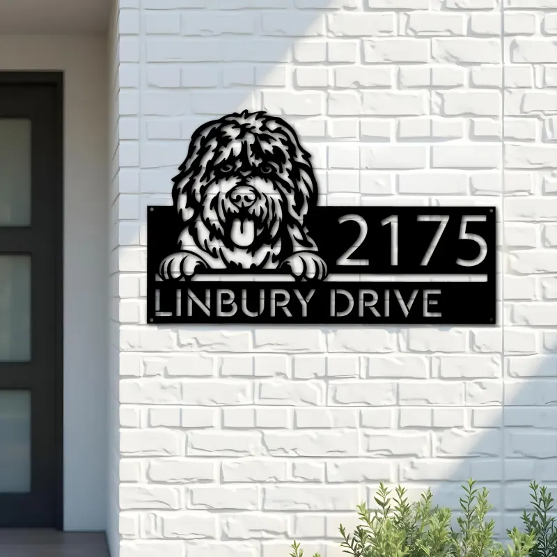 Custom Metal Bobtail dog cute puppy Metal Address Sign House number Hanging Address Plaque Yard Sign Outdoor decor