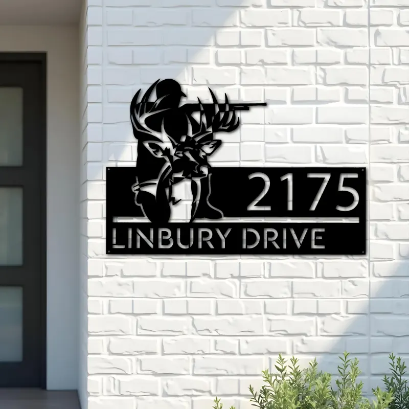 Custom Metal Deer hunter deer hunting Metal Address Sign, House number, Outdoor Number Signage, Yard Sign Address Plate