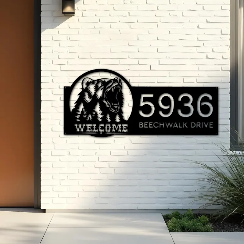 Custom Metal Bear forest scene wild life animal welcome Metal Address Sign, House number, Outdoor Number Signage, Yard Sign Address Plate