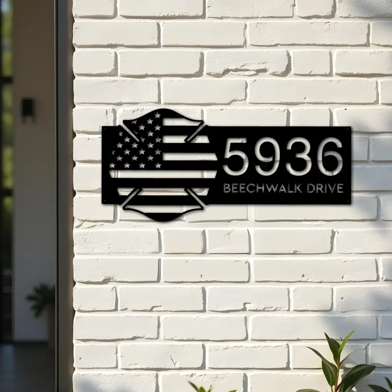 Custom Metal Fire department fireman US flag Metal Address Sign, House number, Outdoor Number Signage, Yard Sign Address Plate