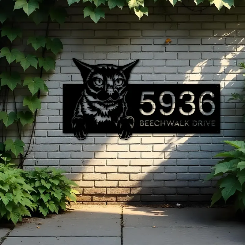 Custom Metal Burma Cute peeking cat kitten Metal Address Sign, House number, Outdoor Number Signage, Yard Sign Address Plate