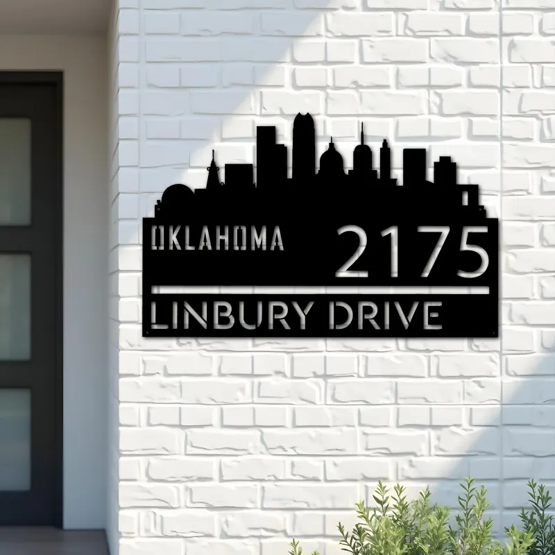 Custom Metal Oklahoma city skyline Metal Address Sign Hanging Address Plaque house number Yard Outdoor Sign