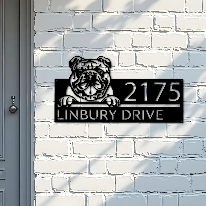 Custom Metal English Bulldog dog Puppy Metal Address Sign House number Hanging Address Plaque Yard Sign Outdoor decor