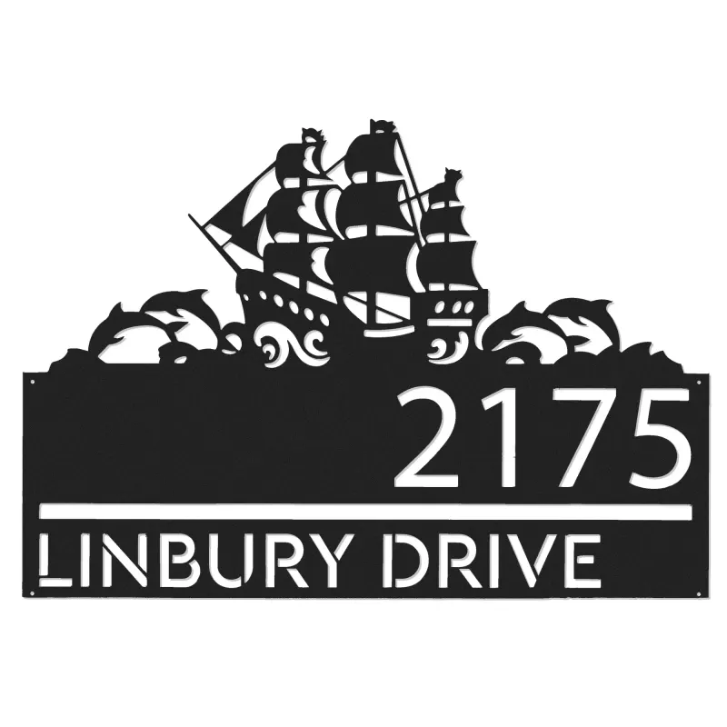 Custom Metal Boat with dolphins Metal Address Sign, House number, Outdoor Number Signage, Yard Sign Address Plate
