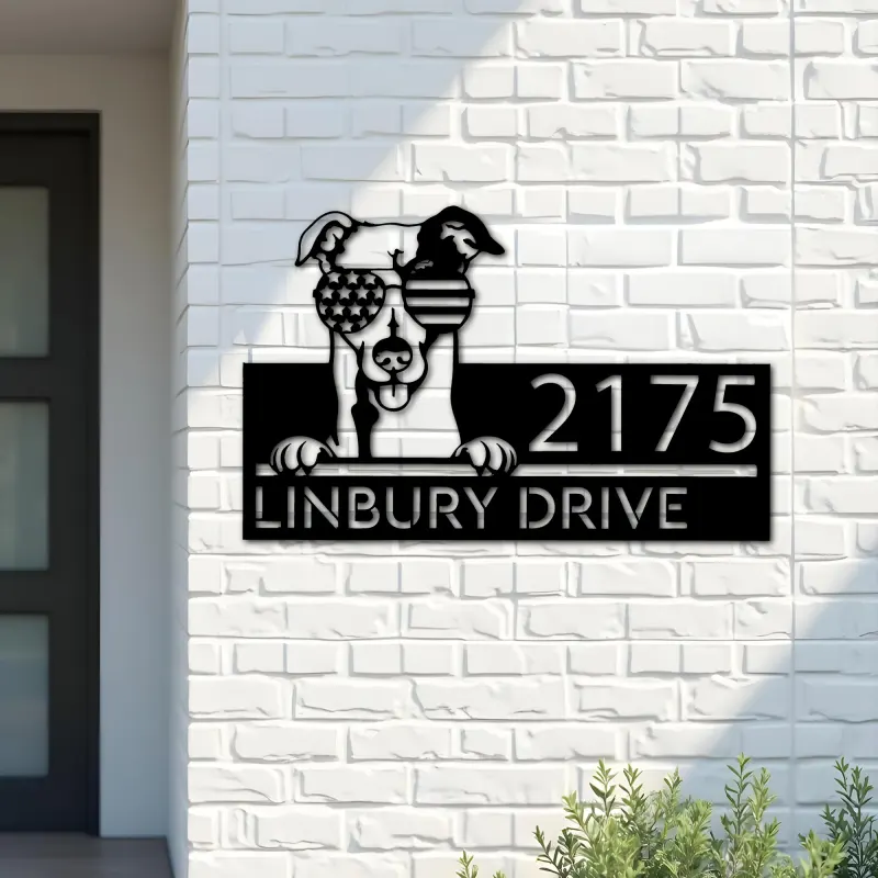 Custom Metal Greyhound dog US flag glasses Metal Address Sign House number Hanging Address Plaque Yard Sign Outdoor decor
