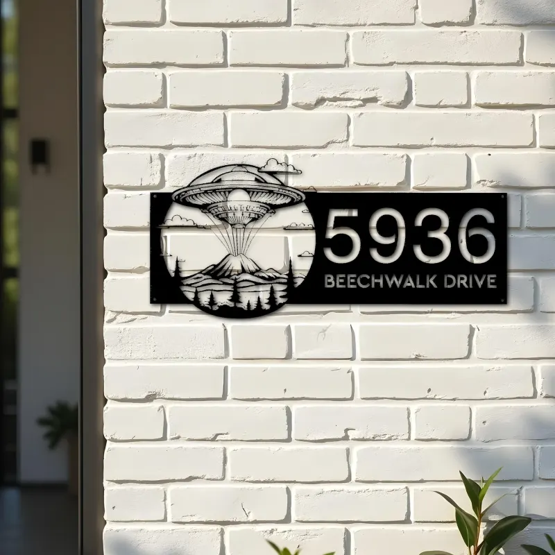 Custom Metal UFO Spaceship Metal Address Sign, House number, Outdoor Number Signage, Yard Sign Address Plate
