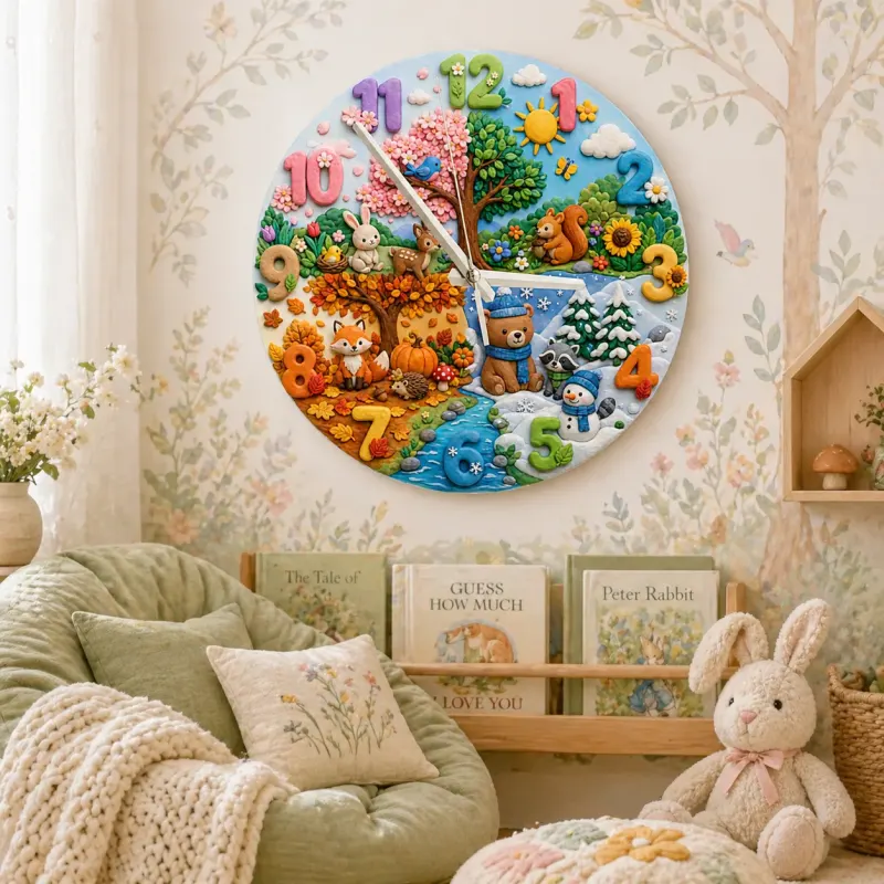 Four Seasons Woodland Animals Kids Room Wall Clock