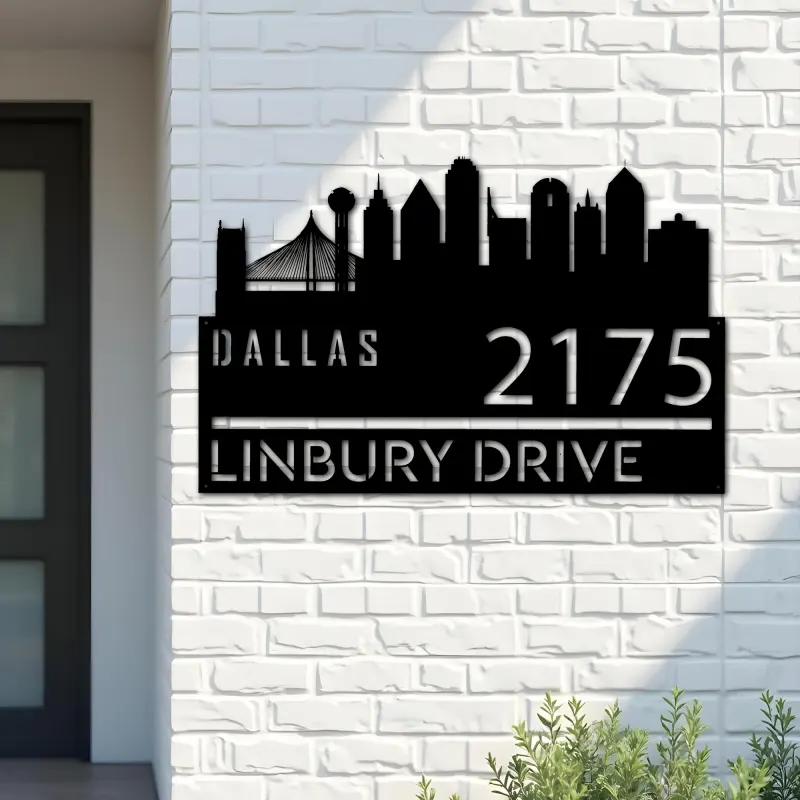 Custom Metal Dallas city skyline Metal Address Sign Hanging Address Plaque house number Yard Outdoor Sign