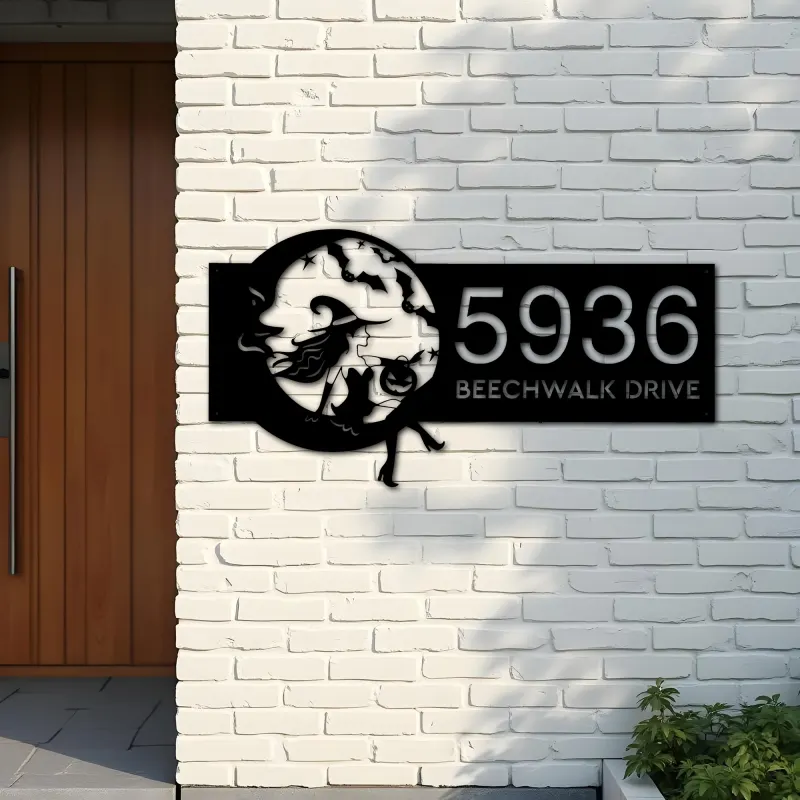 Custom Metal Cute Witch sitting on the moon Metal Address Sign, House number, Outdoor Number Signage, Yard Sign Address Plate