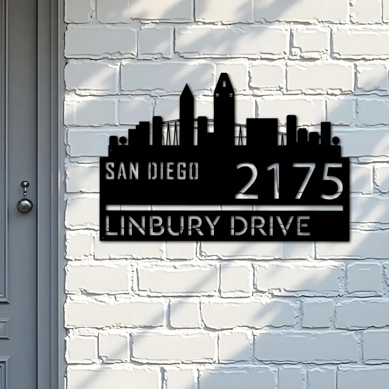 Custom Metal San Diego city skyline Metal Address Sign Hanging Address Plaque house number Yard Outdoor Sign