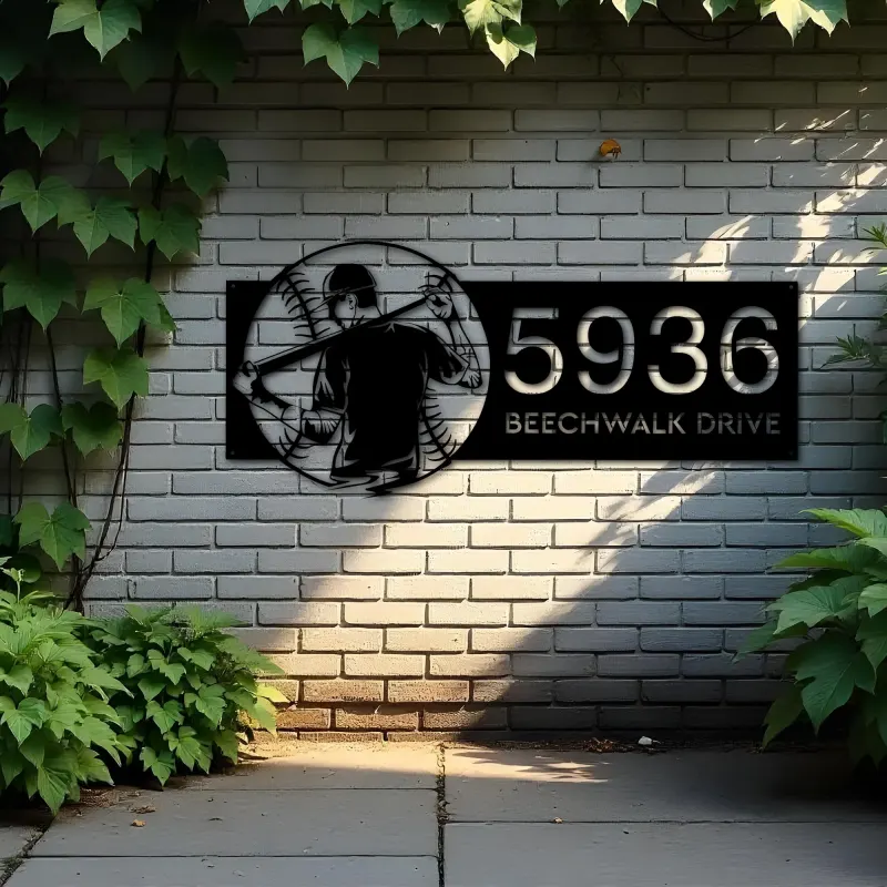 Custom Metal Baseball player Sport Metal Address Sign, House number, Outdoor Number Signage, Yard Sign Address Plate001