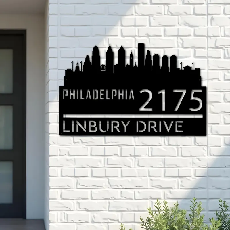Custom Metal Philadelphia city skyline Metal Address Sign Hanging Address Plaque house number Yard Outdoor Sign