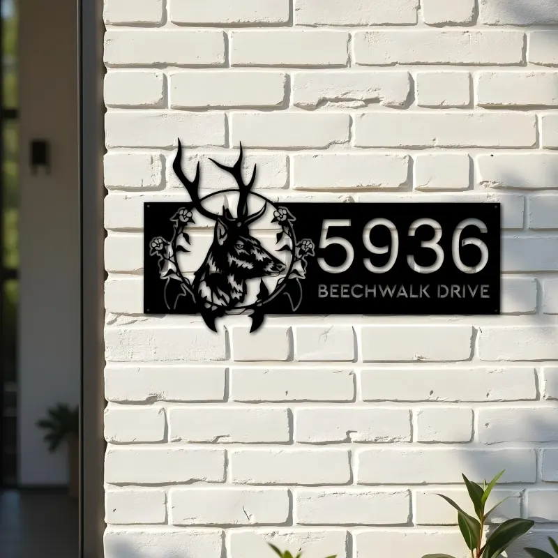 Custom Metal Floral deer head Metal Address Sign, House number, Outdoor Number Signage, Yard Sign Address Plate