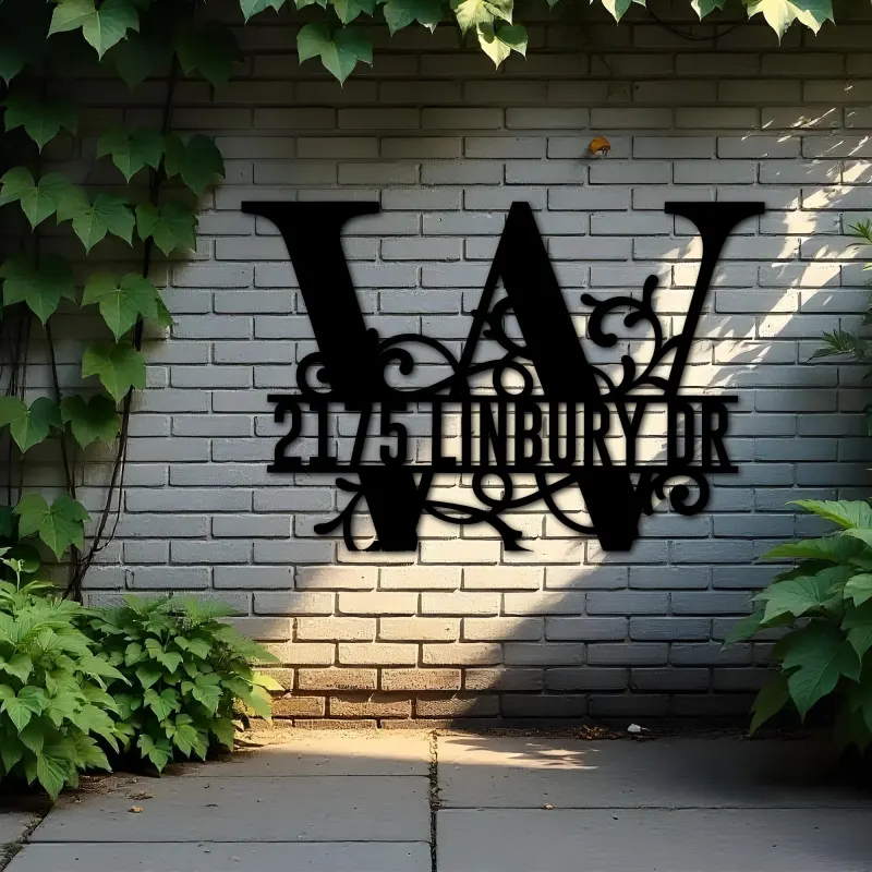 Custom Metal Floral Monogram Split Letter W Metal Address Sign House number Hanging Address Plaque Yard Sign Outdoor decor