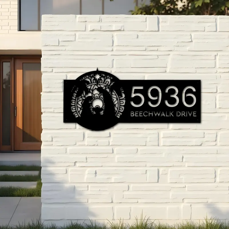 Custom Metal Mandala nativity scene Jesus Christ Metal Address Sign House number Hanging Address Plaque Yard Sign Outdoor