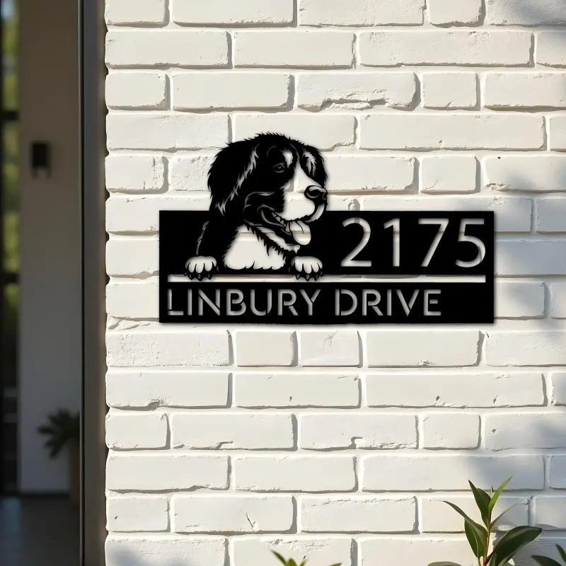 Custom Metal Big mountain dog Puppy Metal Address Sign House number Hanging Address Plaque Yard Sign Outdoor decor