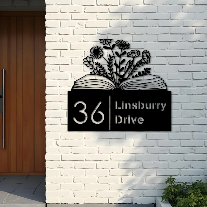 Custom Metal Floral book book lover reading Metal Address Sign, House number, Outdoor Number Signage, Yard Sign Address Plate
