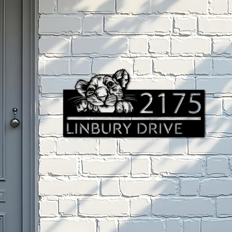 Custom Metal Peeking Lion Cub Wild animal wildlife Metal Address Sign, House number, Outdoor Number Signage, Yard Sign Address Plate