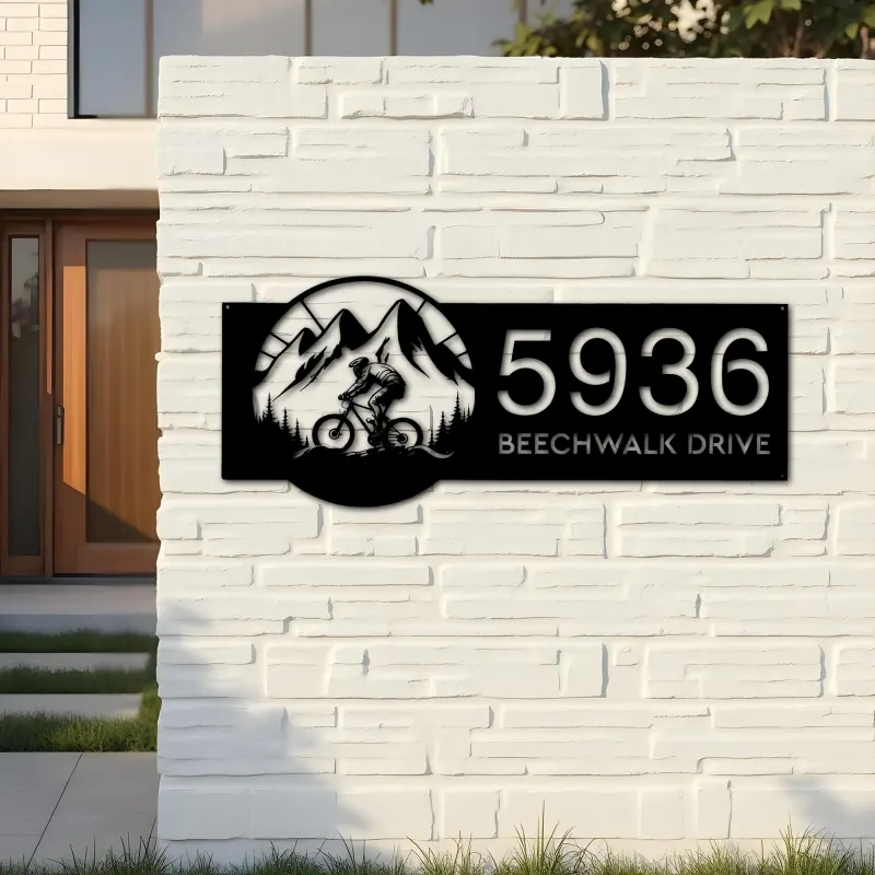 Custom Metal Mountain biker Bicycle rider MTB Metal Address Sign, House number, Outdoor Number Signage, Yard Sign Address Plate