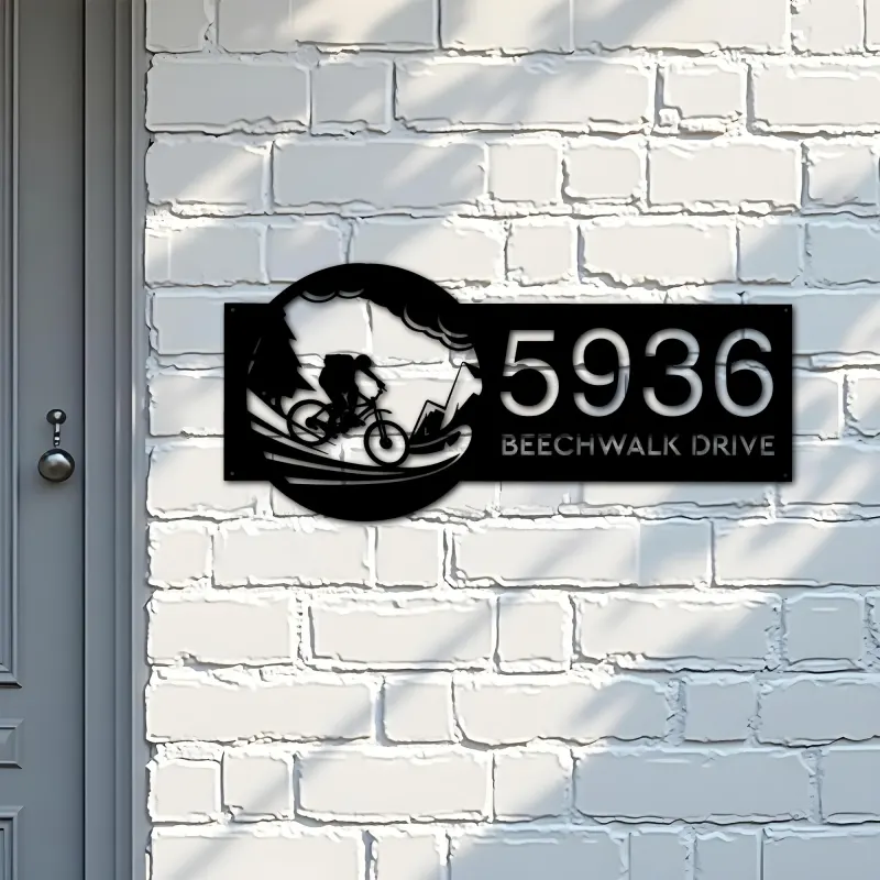 Custom Metal Mountain Bike Bicycle Cyclist Metal Address Sign, House number, Outdoor Number Signage, Yard Sign Address Plate