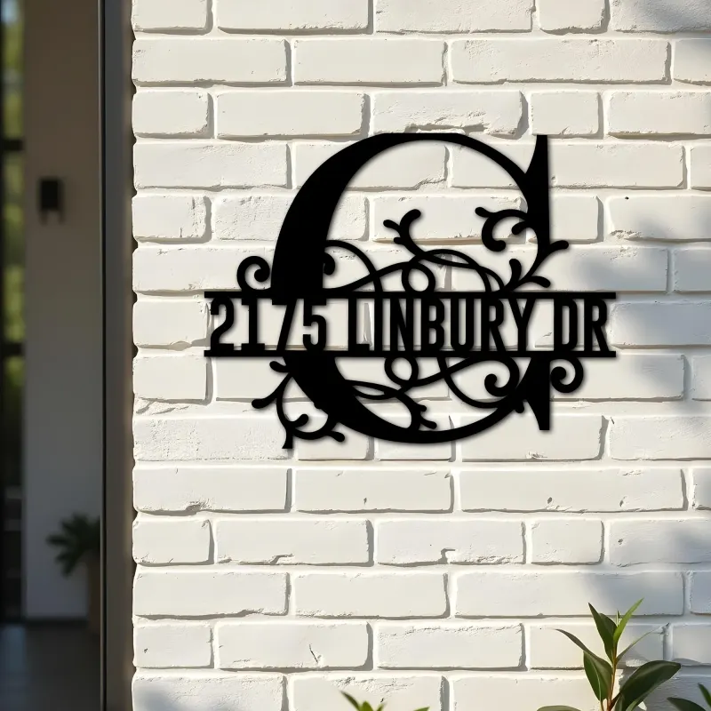 Custom Metal Floral Monogram Split Letter C Metal Address Sign House number Hanging Address Plaque Yard Sign Outdoor decor