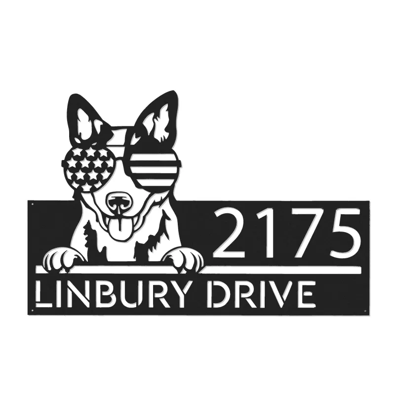 Custom Metal Blue heeler dog US flag glasses Metal Address Sign House number Hanging Address Plaque Yard Sign Outdoor decor