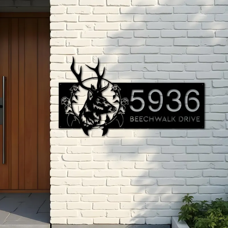Custom Metal Floral deer head Metal Address Sign, House number, Outdoor Number Signage, Yard Sign Address Plate