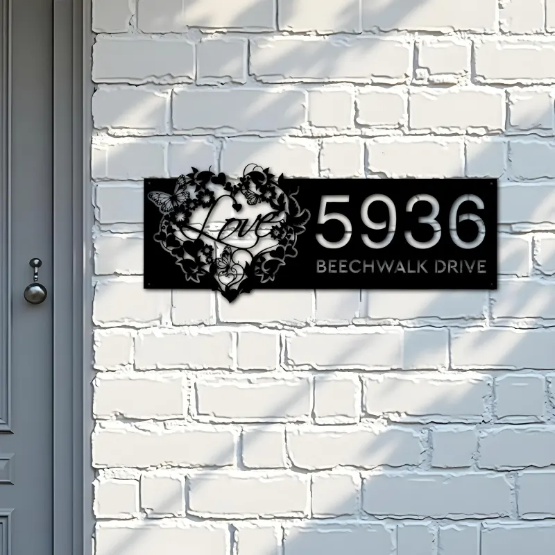 Custom Metal Floral Love heart butterfly Metal Address Sign, House number, Outdoor Number Signage, Yard Sign Address Plate