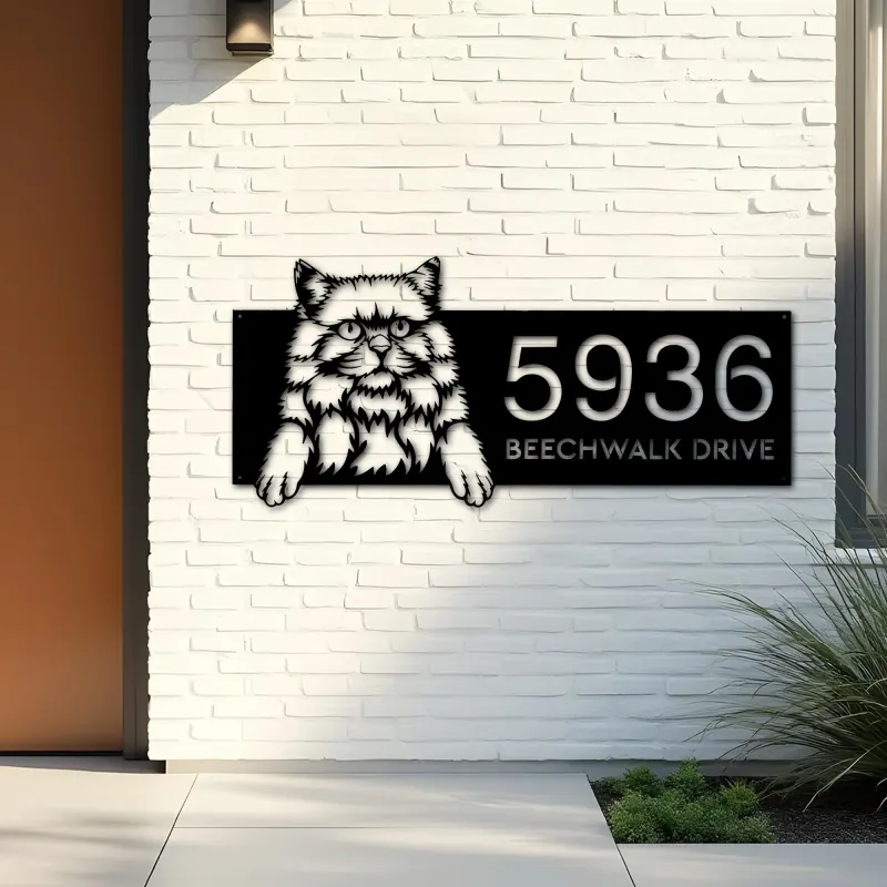 Custom Metal British longhair Cute peeking cat Metal Address Sign, House number, Outdoor Number Signage, Yard Sign Address Plate