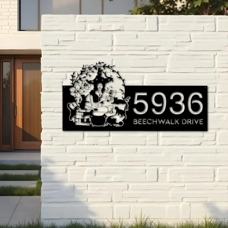 Custom Metal Witch and black cat halloween Metal Address Sign, House number, Outdoor Number Signage, Yard Sign Address Plate